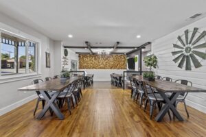 Indoor 8 ft Wood Tables (Qty 4) & Approx 40 cushioned chairs